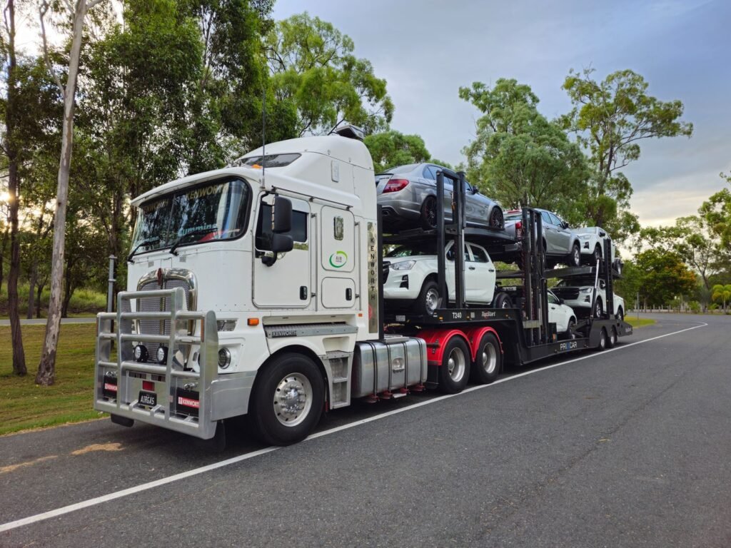 Car transporter loaded with vehicles